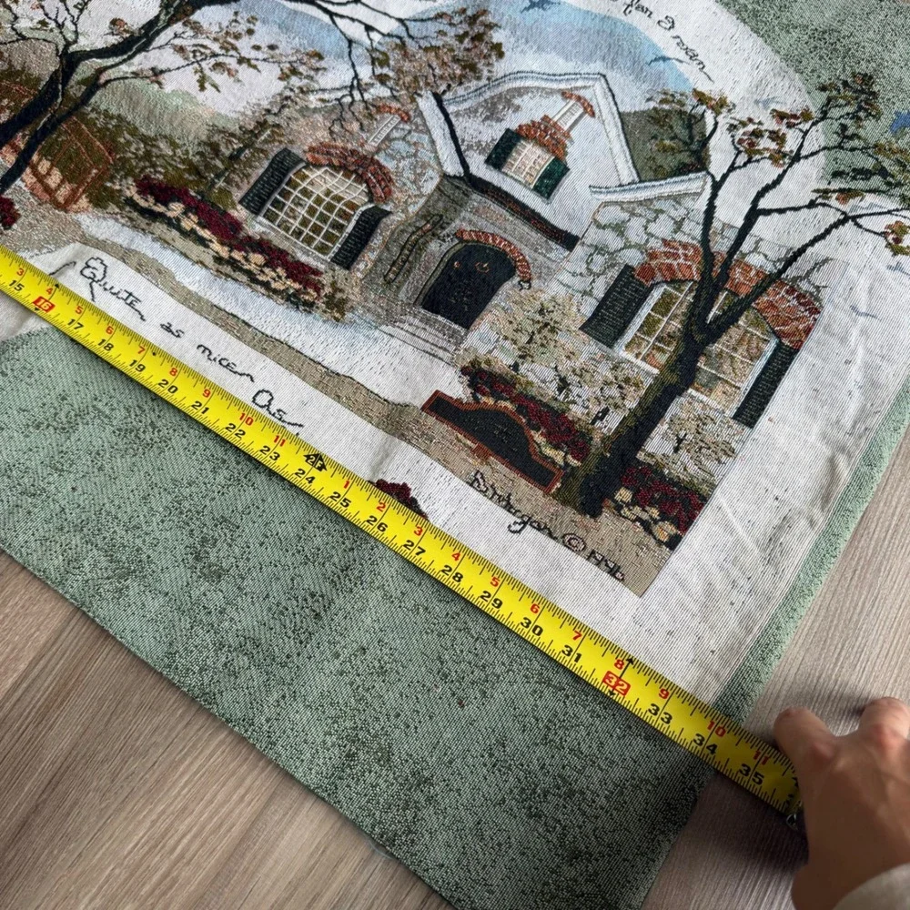 Vintage Woven Tapestry Wall Hanging Home Sweet Home Cottage Scene Green 35x26